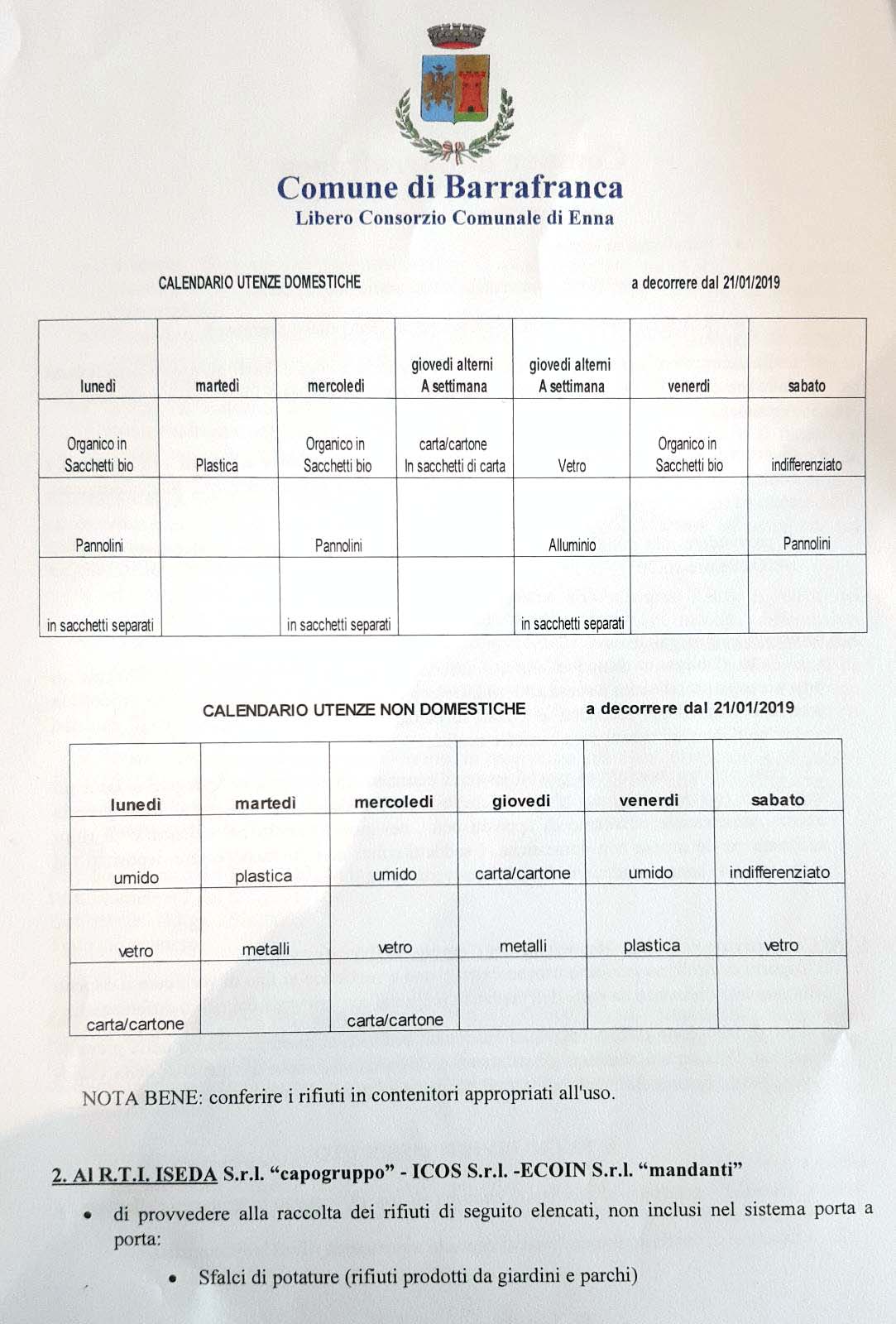 Calendario Raccolta indifferenziata Barrafranca